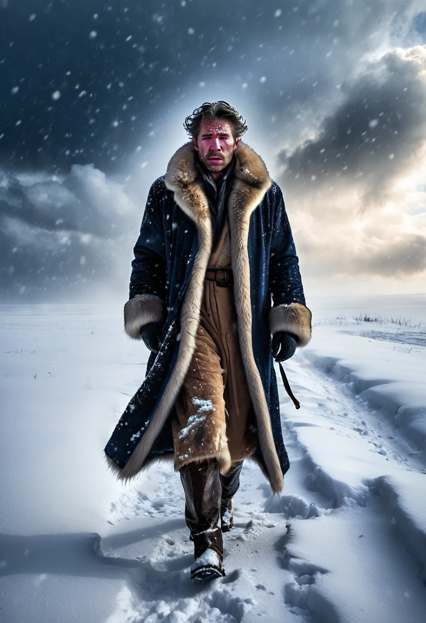A 3 man walks through deep snow. Dress in furs. He has wounds on his face, is exhausted. Behind him the sky threatens a snow storm and there is a blizzard..