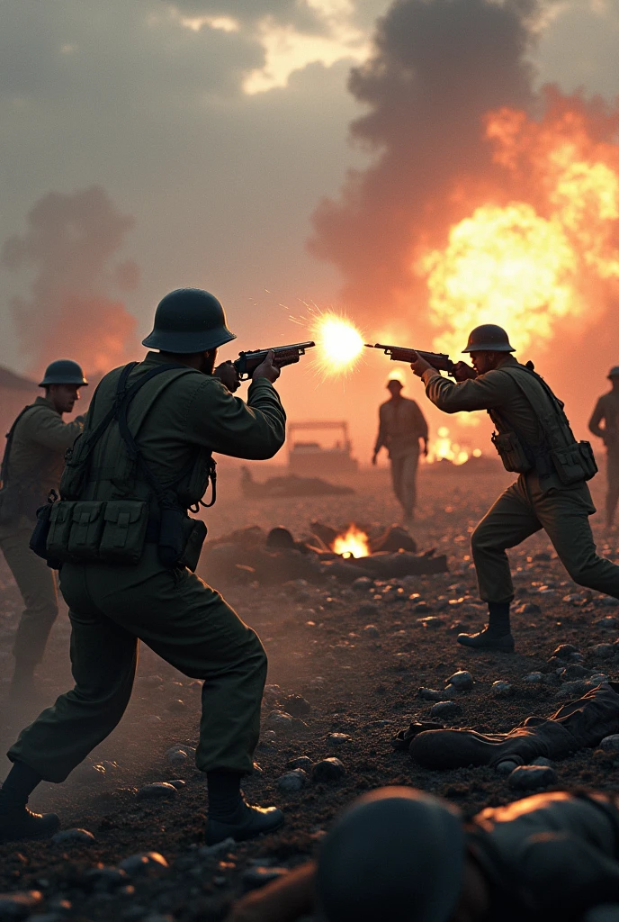 A battlefield from World War II  , opening enemy fire a shootout with dead people lying on the floor in the background