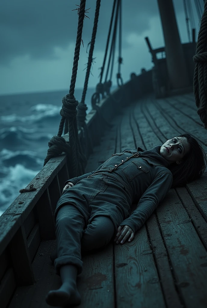 Dead crew member with a terrified face in a old ship with a night misty background and a big ocean waves 