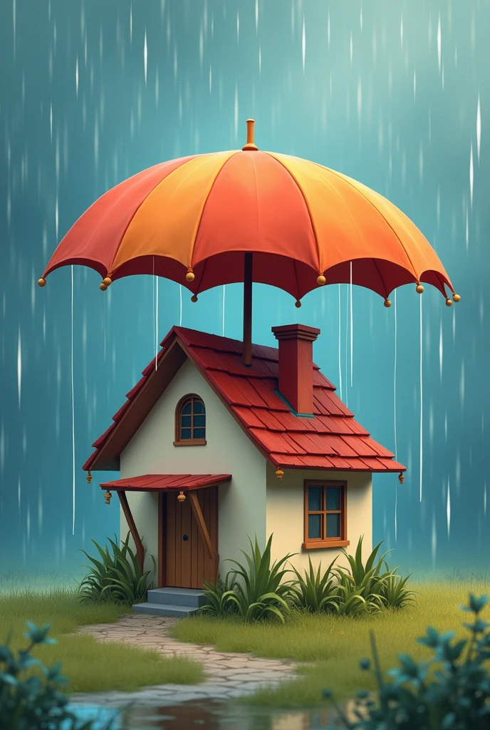 My waterproofing product , Protecting a house from rain or water leaks with an umbrella, the umbrella on top of the house protecting it from the rain, symbolizing my waterproofing product