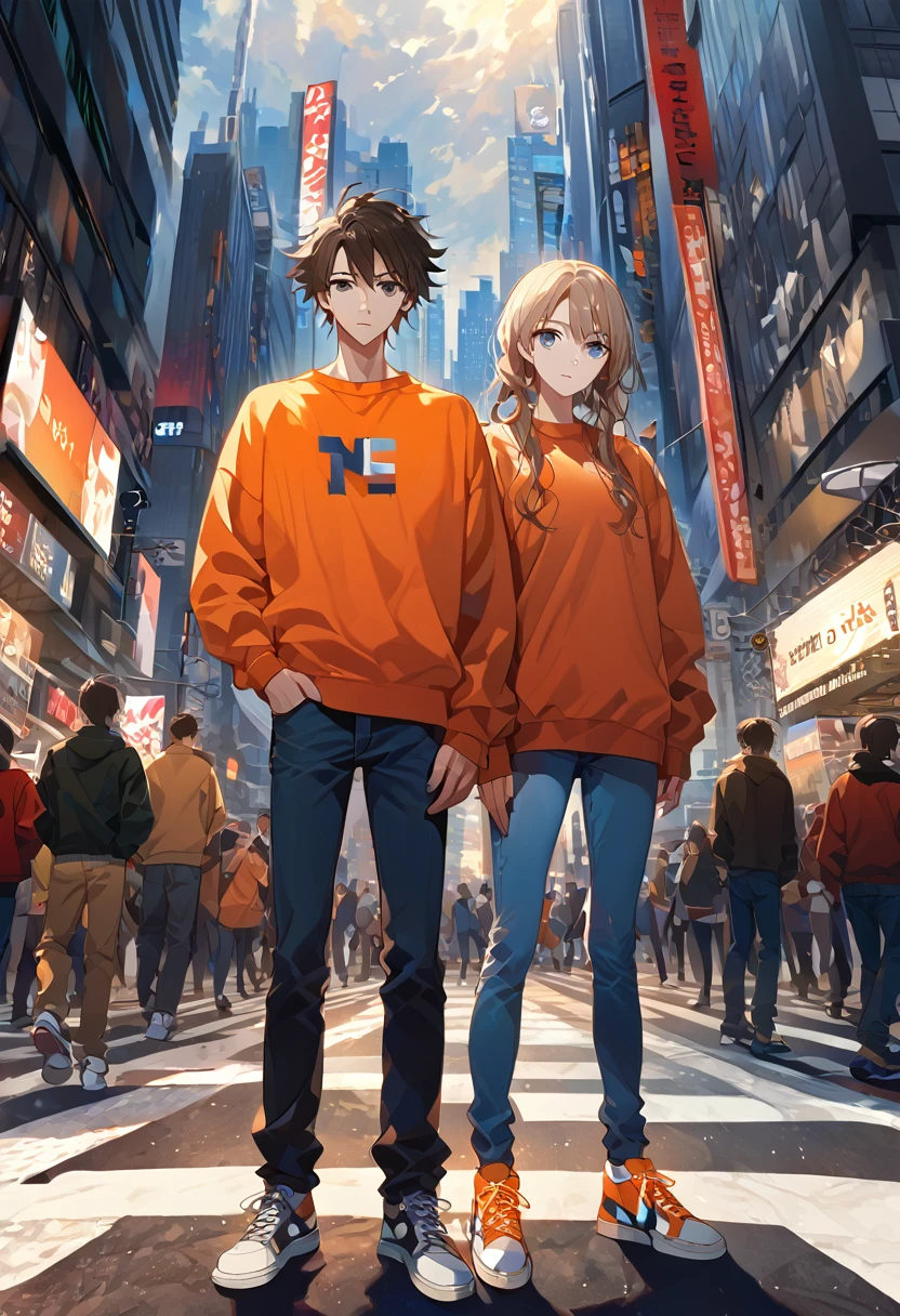 ((top quality, ultra detailed, High resolution, Extremely detailed CG, unity wallpaper 8k, by famous artist, perfect anatomy, super detailed skin, cinematic lighting, HD, retina, anatomically correct, 1080P, Size, wallpapers, anime-light novel style.)) Only 2 characters in the picture, a young boy and girl, 18 years, ((A girl, long light brown hair with light blue eyes., Clean and tidy clothes, He is wearing a red leather jacket, white shirt, black joggers, well formed body, great search, toned body, leafy thighs)), ((A young man, White skin, black messy hair, very dark hair, bright gray eyes, SERIOUS LOOK, expressionless face,. Clean and tidy clothes, He is wearing an orange sweatshirt, blue jeans, y sneakers, athletic body, slender)) They pose side by side, separdos, in the middle of shibuya crossing, Inspired by artist Shunsaku Tomose: ask, Art Style : ask