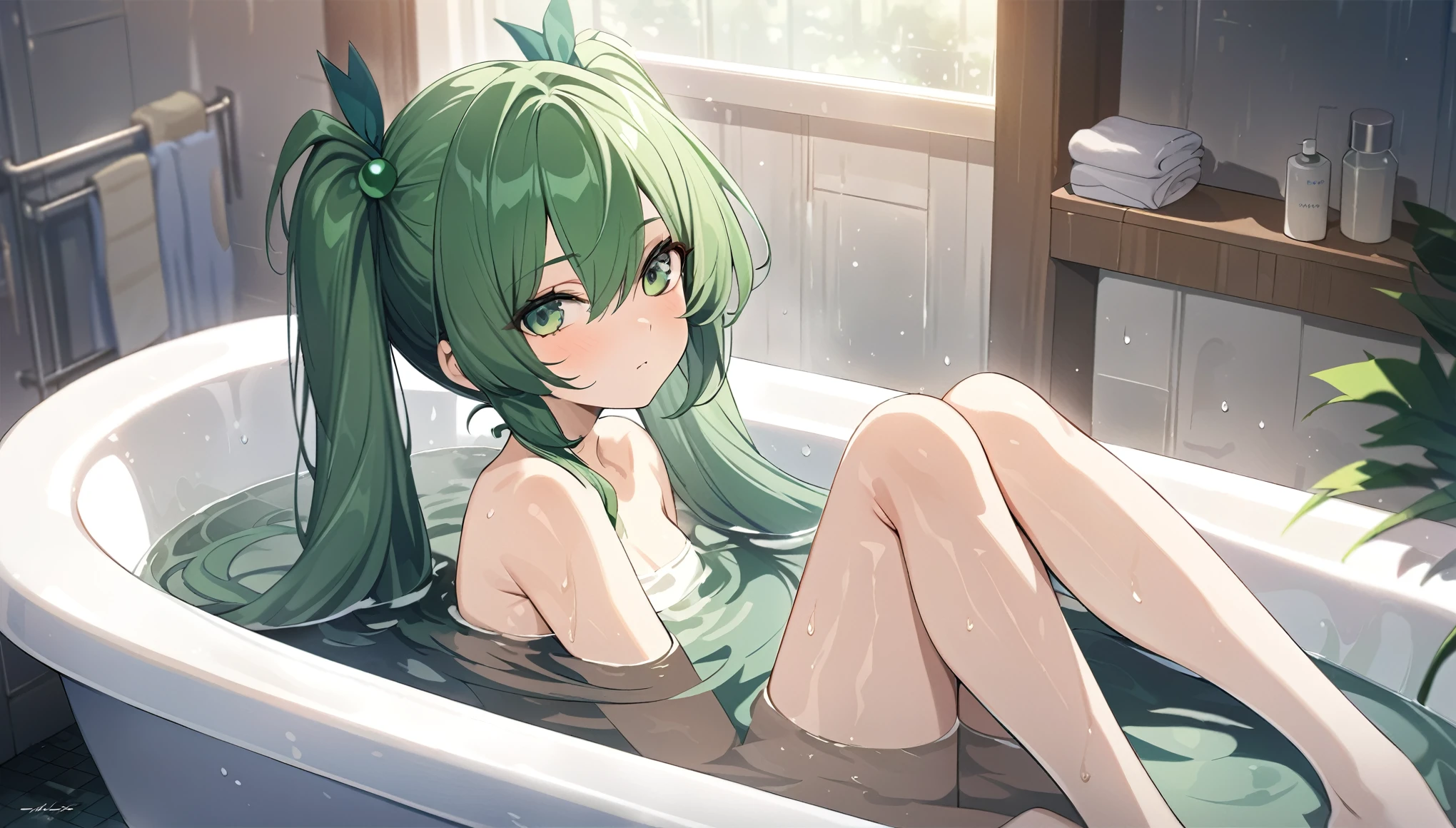 masterpiece，high resolution，Anime Art，Anime Numbers， 4k anime wallpaper，Soft Light，Radiant Skin，Looking at the camera，Solitary，An anime girl，Lying in the bathtub，Foggy，Half of the body is in hot water，Green twin ponytails，Green eyes，Slender legs，bathroom