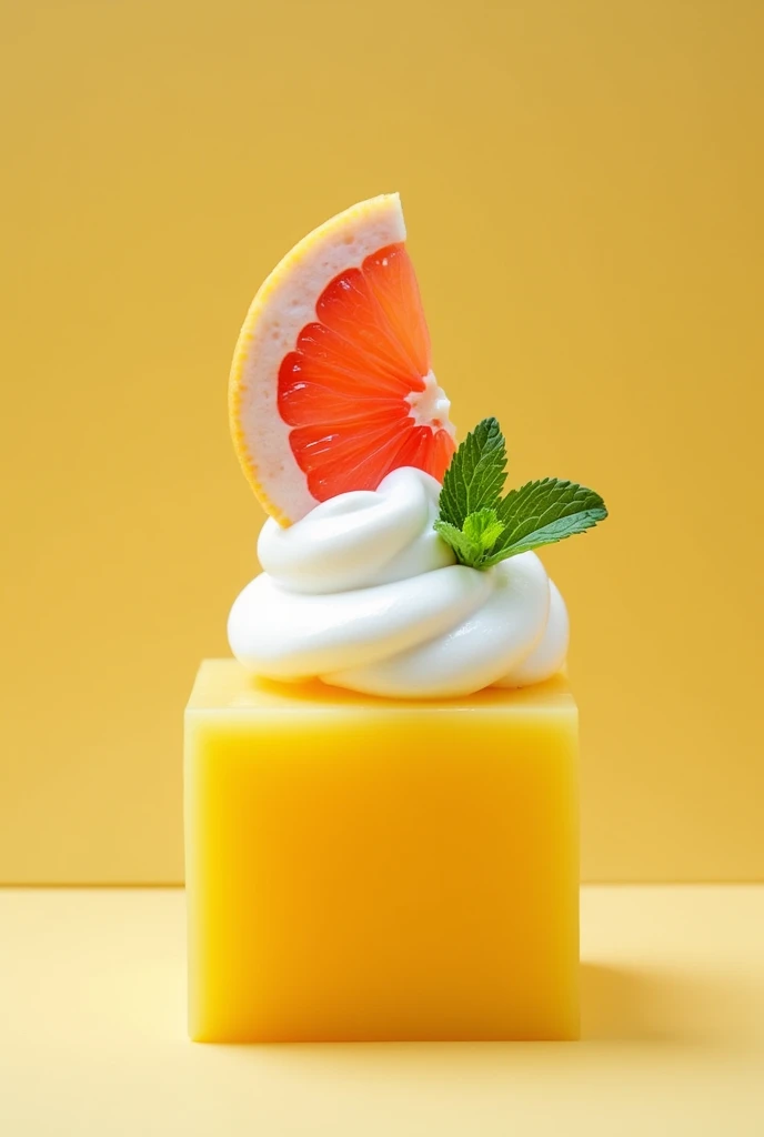 Yellow square shape with whipped cream decoration and grapefruit on top,Dessert topped with mint leaves