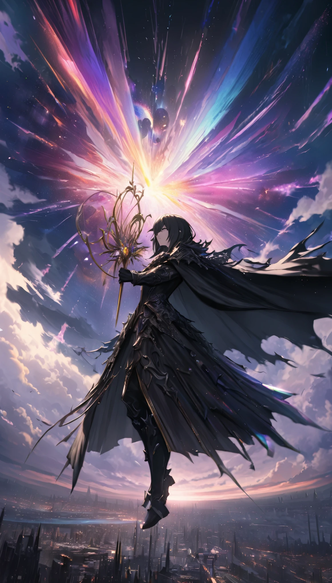 a character from the anime I Want to Become a Shadow Powerful, Shido Kageno, wearing a black hooded cape with gold trim, all-black outfit, dark expressionless, holding a dull shining rapier up to the sky, floating in the sky above a European-style city, background, ominous swirling white and purple clouds, night sky, iridescent cosmic rays bursting, conceptual installation art, (ultra detailed, absolutely resolution, best quality:1.3), 2.5D, delicate and dynamic effects, artistic, hyper, graphic CG digital fantasy art, 8k