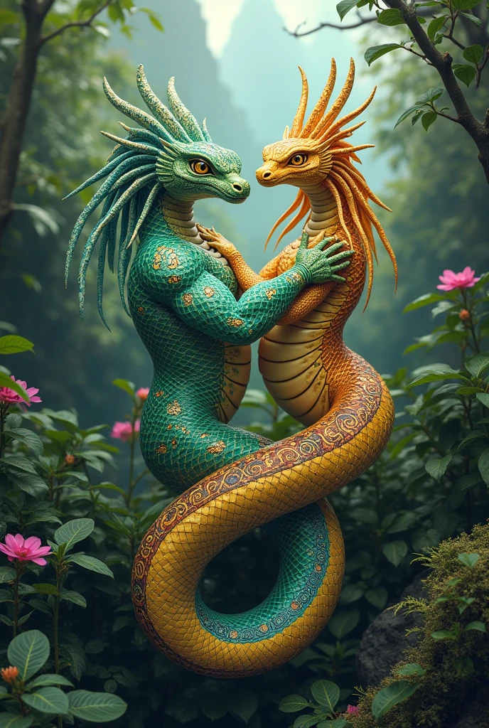 Sexy humanoid red serpent women, has red eggs and sexy humanoid blue serpent woman,has blue eggs, intertwining their tails with eachothers