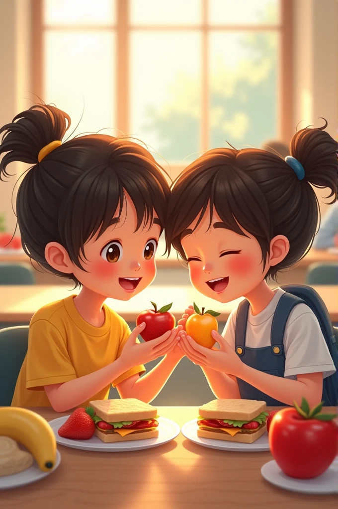 - A heartwarming illustration of Sochool and Jaden sitting together at a lunch table, sharing sandwiches and fruit, and smiling at each other.