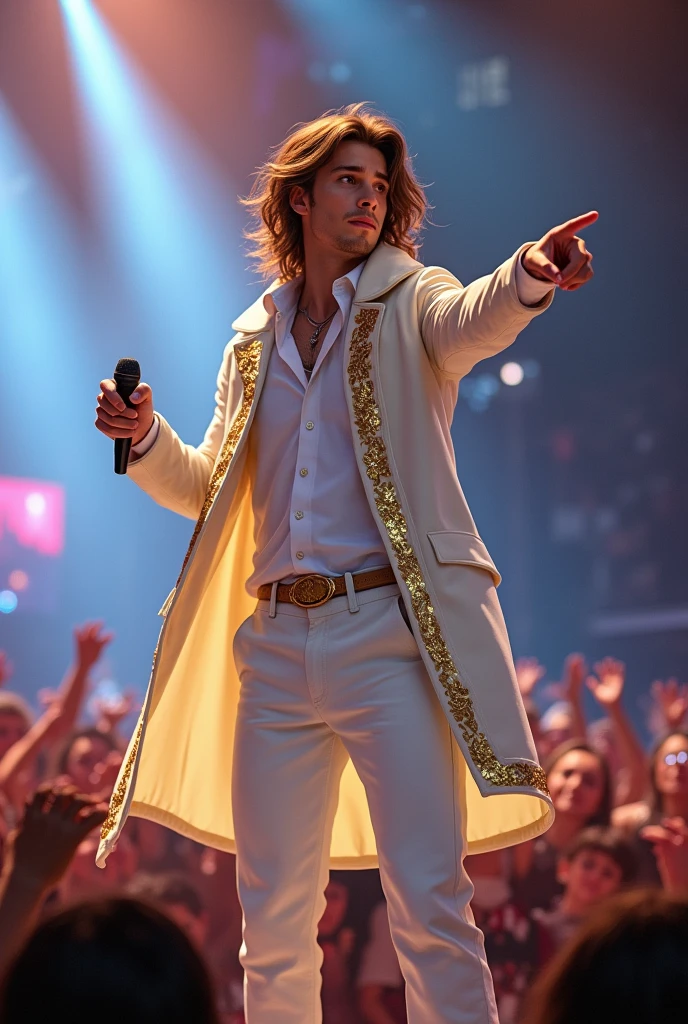 artwork best quality handsome american male teenager long brown hair light skin with white cape and hooded coat on head with gold details white long sleeve shirt and white pants underneath intricate details singing holding a microphone seen from afar pointing at the audience at a concert with details uhq 8k details