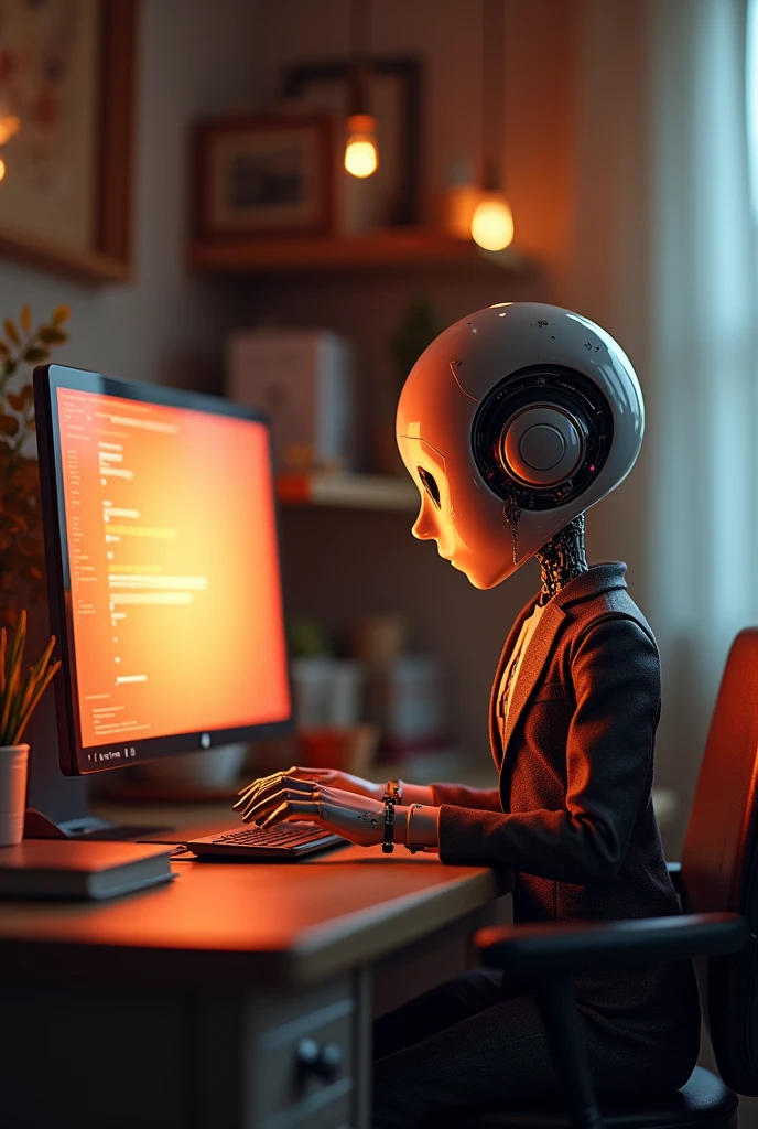 In a cozy, softly lit room, a charming little robot avatar in a sleek suit sits intently at a glowing computer screen, its metallic surface reflecting the warm hues of the ambient light; captured with a Canon EOS R5 and a 50mm f/1.2 lens at ISO 200, with a shutter speed of 1/125s, the image showcases the intricate textures of the robot's polished body and the vibrant colors of the screen, creating a delightful contrast that highlights the whimsical nature of technology and creativity