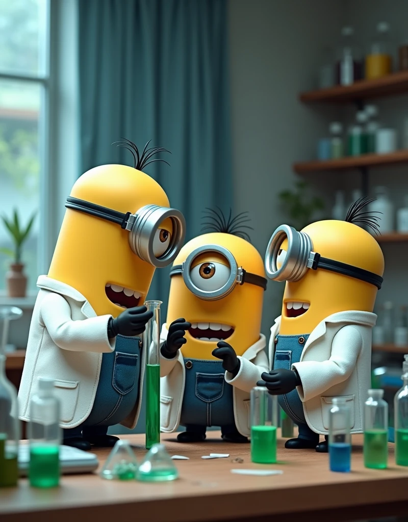 In the lab Minion Kevin wears a scientist suit taking notes and adjusting formulas, Meanwhile, Stuart is preparing a prototype.. Lab table full of test tubes, chemical, and laboratory equipment.