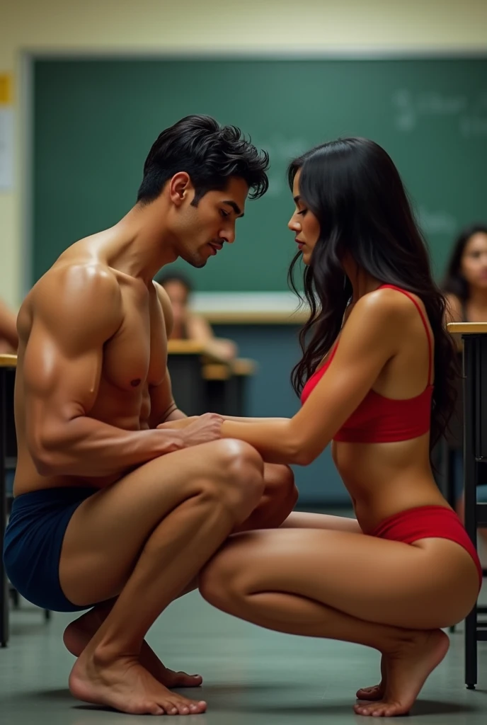 In the classroom with boys and girls, handsome, muscular Puerto Rican teacher in navy blue underwear having his thigh examined by handsome, muscular Puerto Rican teacher in red bra and panties squatting in front of him, in the classroom.