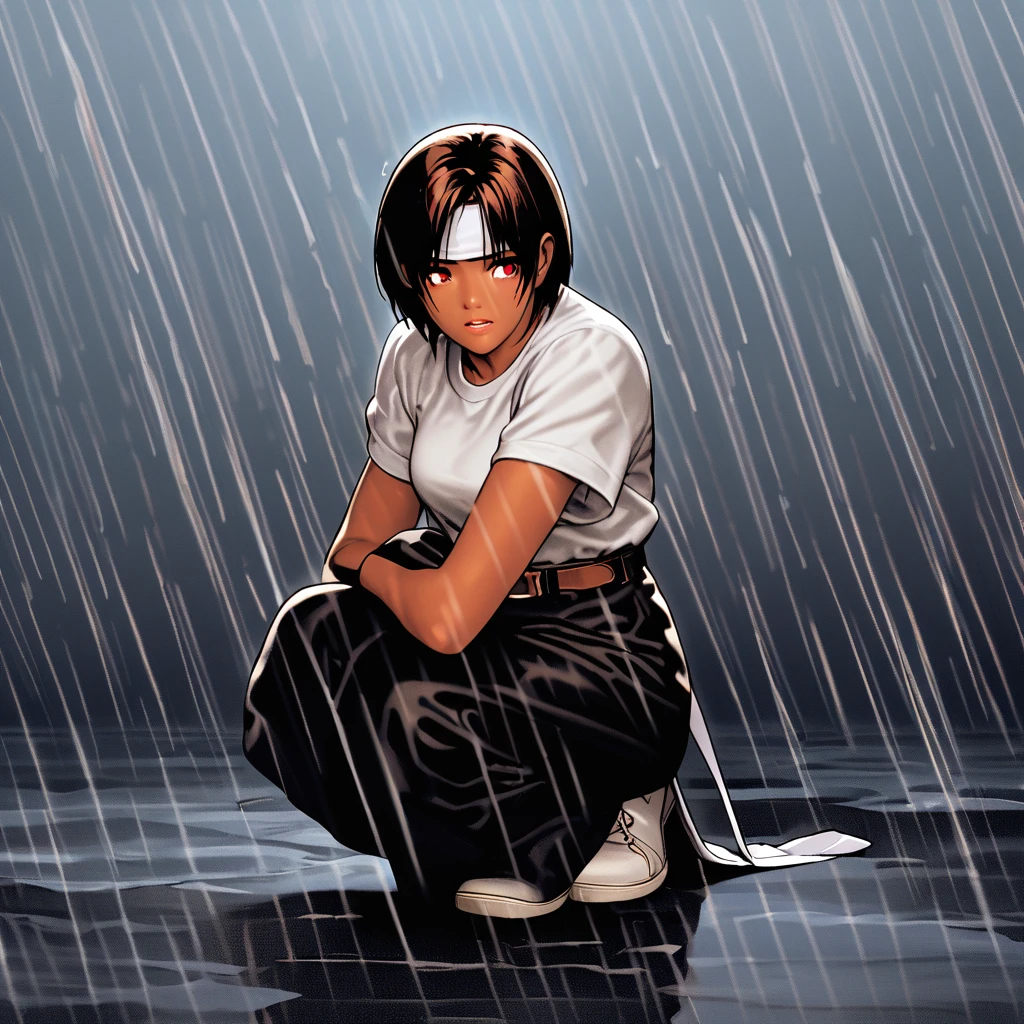 In a cinematic shot, a girl with dark skin and short, dark hair clutches an open umbrella against the backdrop of heavy rain. Her red eyes well up with tears as she crouches on the wet pavement, her fingerless gloves and rolled-up black jacket creating a sense of vulnerability. A white T-shirt and black pants provide contrast to the gloomy atmosphere, while white shoes and a brown belt add subtle pops of color. A white headband wraps around her forehead, emphasizing her high, slanted eyes that seem to convey sadness. Her open mouth and downturned lips complete the portrait of a heartbroken girl, lost in thought amidst the torrential downpour.