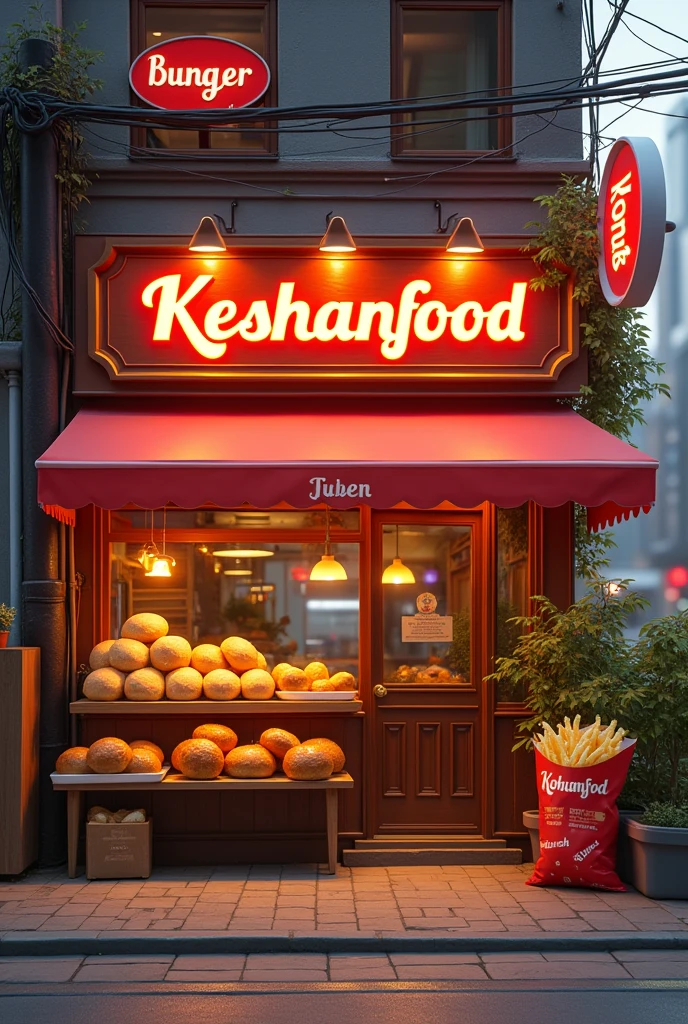 A burger restaurant named "keshanfood", with a bread and buns and a bag of chip icon, looking delicious