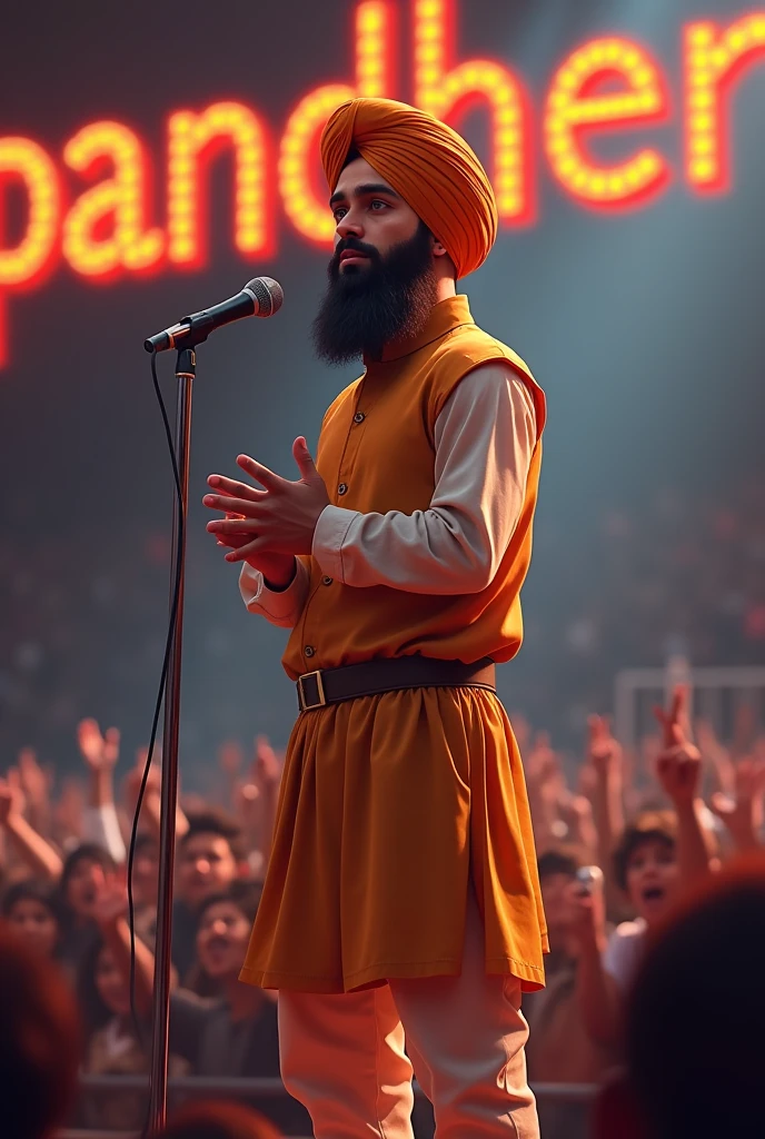 A 18 years sardar boy with round turban and good beard  in stage
With croud with mic background text pandher