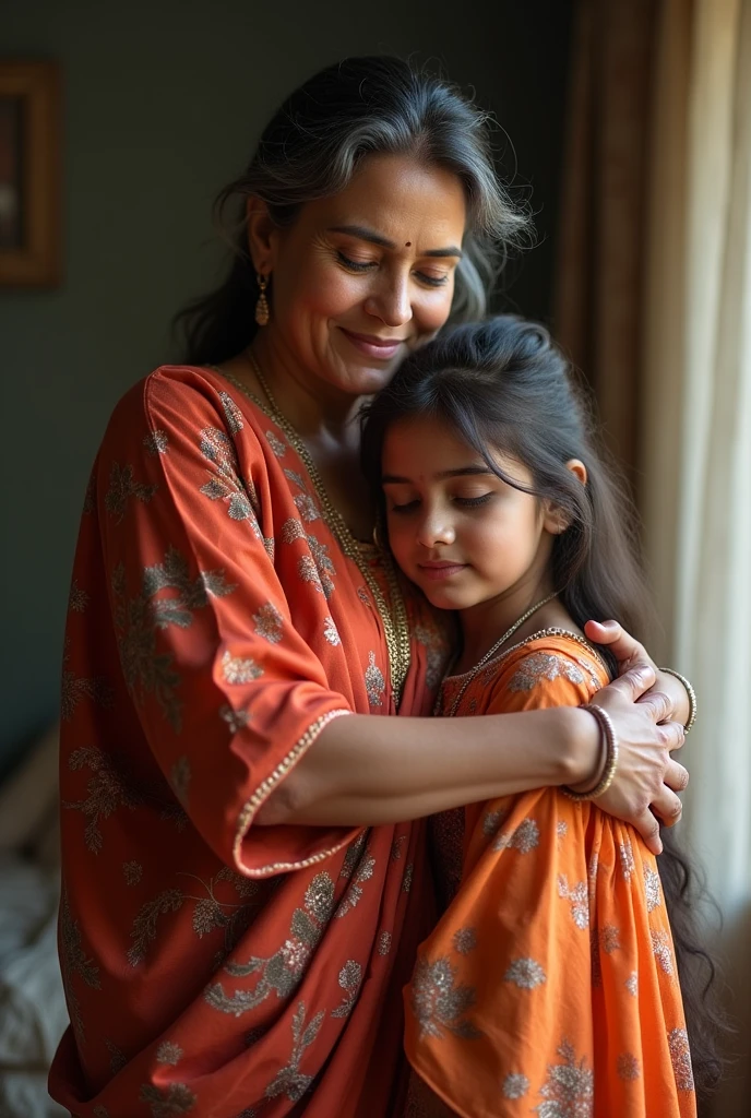 Mature women in silk salwar kameez hugging young girl from around the back realistically