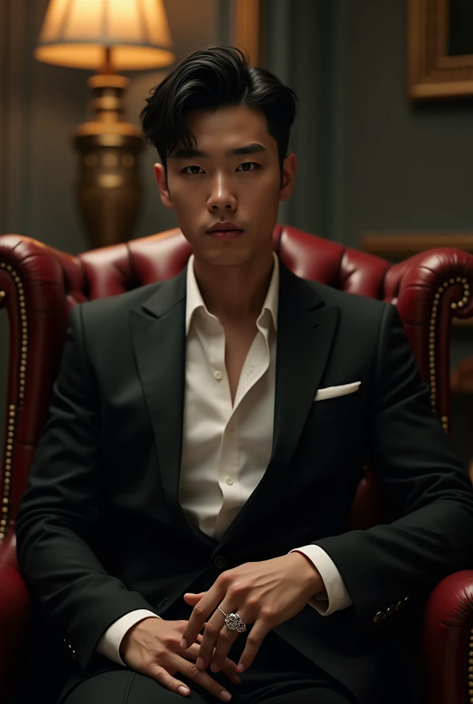 "an asian young man, wearing a stylish and sophisticated gentleman suit ,sitting on the throne''