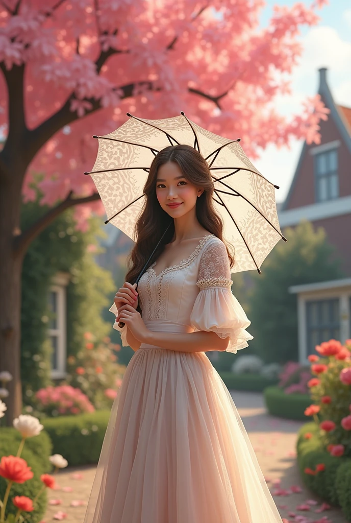 a beautiful adult girl wearing a Dutch noni dress wearing beautiful lace with umbrella sleeves wearing shoes, while in the yard outside there is a tree with pink leaves falling and smiling wearing a white patterned umbrella, around her there are Dutch houses from the past
