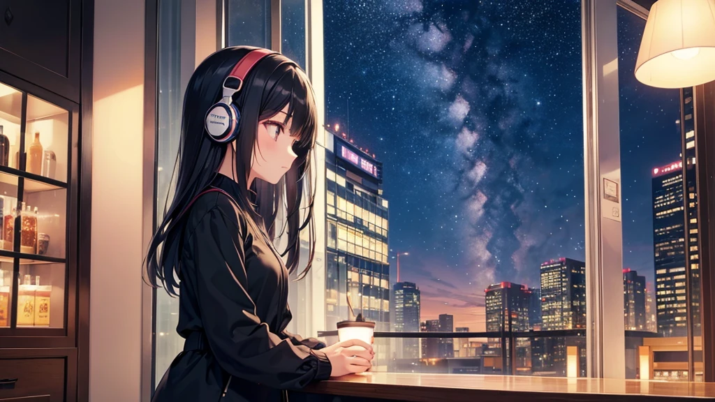 Autumn evening　View of the sky from the cafe。A young girl with black hair wearing stylish clothes and headphones labeled "lo-fi" The girl is shown in profile, gazing into the distance with a calm, relaxed expression Background depicts the iconic scenery of Namba, Osaka at night, without any text on signs A starry night sky adding to the peaceful atmosphere Overall mood is quiet and serene, perfect for lo-fi music Detailed hair rendering and careful attention to the girl's fashionable outfit The entire scene should evoke a relaxing, introspective feeling associated with lo-fi music