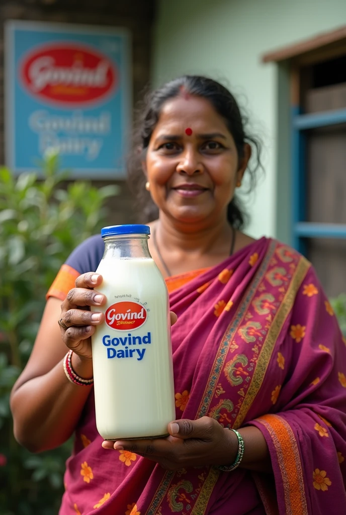 Amita bachan with glass milk bottle 
branding GOVIND DAIRY 