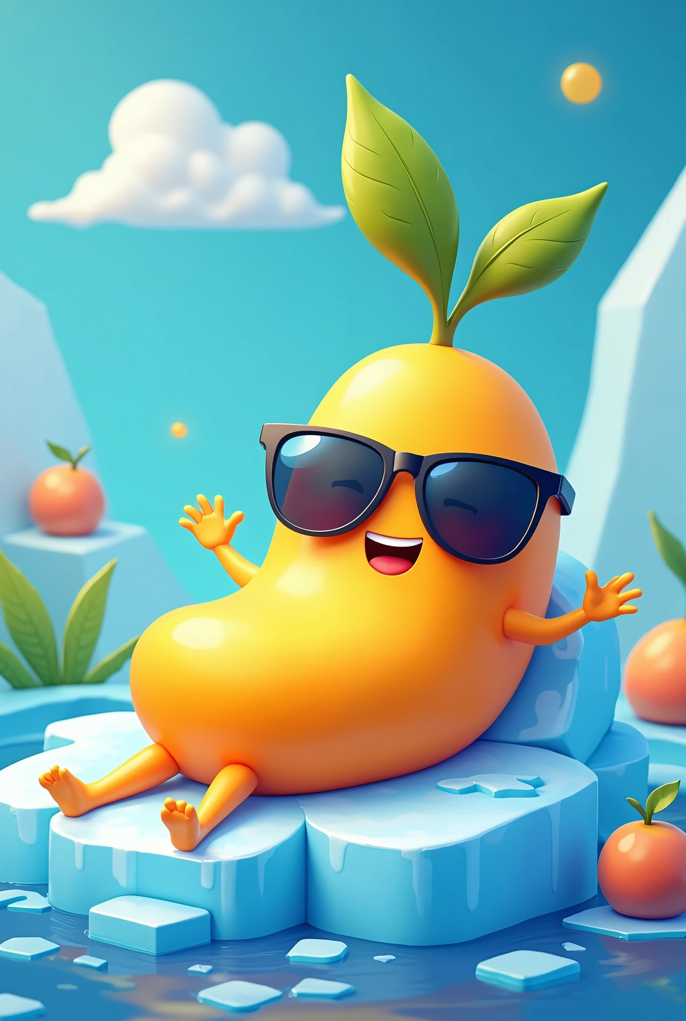 Create a thumbnail for youtube channel showing new web 3.0 telegram project name mango with sunglasses, smile, sleep on ice by mentioning new tap to earn project