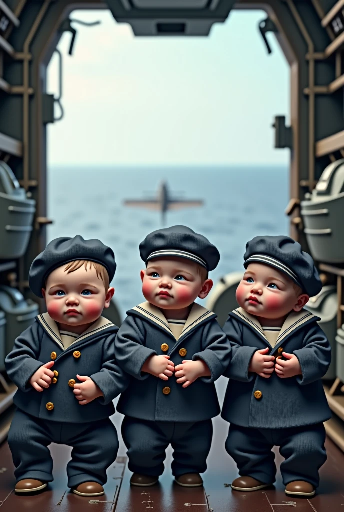 A group of s wearing Navy uniforms and sailor hats stand inside the cockpit of an aircraft carrier. Realistic as life.