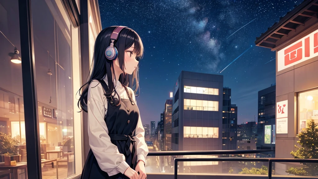 Autumn evening View of the sky from the cafe。A young girl with black hair wearing stylish clothes and headphones labeled "lo-fi" The girl is shown in profile, gazing into the distance with a calm, relaxed expression Background depicts the iconic scenery of Namba, Osaka at night, without any text on signs A starry night sky adding to the peaceful atmosphere Overall mood is quiet and serene, perfect for lo-fi music Detailed hair rendering and careful attention to the girl's fashionable outfit The entire scene should evoke a relaxing, introspective feeling associated with lo-fi music