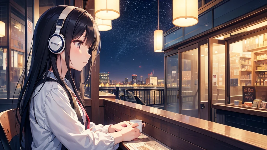 Autumn evening View of the sky from the cafe。A young girl with black hair wearing stylish clothes and headphones labeled "lo-fi" The girl is shown in profile, gazing into the distance with a calm, relaxed expression Background depicts the iconic scenery of Namba, Osaka at night, without any text on signs A starry night sky adding to the peaceful atmosphere Overall mood is quiet and serene, perfect for lo-fi music Detailed hair rendering and careful attention to the girl's fashionable outfit The entire scene should evoke a relaxing, introspective feeling associated with lo-fi music