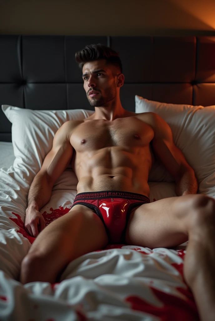 Handsome man, about 30 years old, no shirt, only underwear, bulging crotch, sexy. Sixpack,The target is bulging. ,He is a horny person.
He lay on the bed and his semen was all over him.