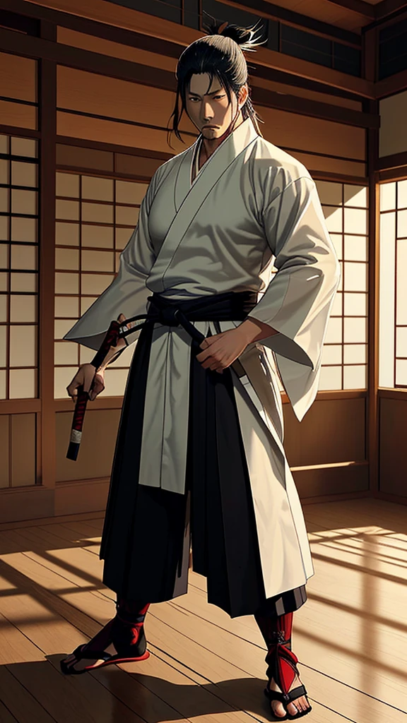 A dramatic image of Yagyu Munenori, the legendary samurai and swordsman, in mid-action, practicing his swordsmanship. Munenori is wearing a dark, flowing hakama and a plain kimono, with a katana gripped firmly in his hands. His hair is tied back in a traditional samurai style, and his expression is focused, exuding calmness and precision. The setting is a traditional dojo, with wooden floors and walls lined with calligraphy scrolls. Sunlight filters through paper windows, creating an atmosphere of disciplined training. His stance is low and balanced, demonstrating his mastery of martial arts.