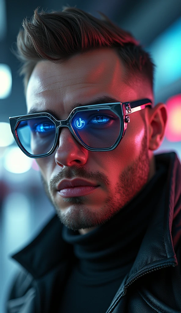 handsome and elegant man with a strong body, chubi, wears futuristic cyber glasses, portrait photography, hyperrealistic digital art, cinematic lighting, Close-up focusing on the detailed face and glossy lips., cyber-punk aesthetic, Holographic data display on glasses with visible text 'Tiktok', 8k resolution, Photorealistic 3D rendering, shallow depth of field, dramatic shadows and lights, shiny textures, intricate details in the skin and hair, high contrast, vibrant colors, Lens flare effect, motion blur background, subtly visible cybernetic implants, Ultra-sharp focus on the eyes, Metallic shine on the glasses frame, retouched for perfection, Studio lighting setup, Captured with a high-end DSLR camera, Post-processed in advanced 3D software for greater realism and depth..
