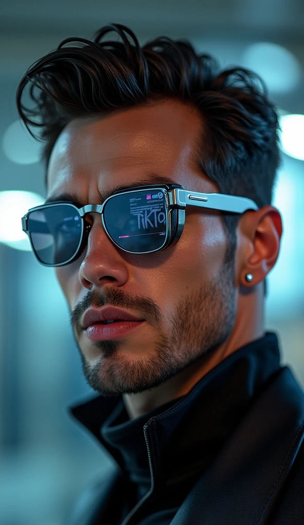 handsome and elegant man with a strong body, chubi,  wears futuristic cyber glasses, portrait photography, hyperrealistic digital art, cinematic lighting, Close-up focusing on the detailed face and glossy lips., cyber-punk aesthetic, Holographic data display on glasses with visible text &#39;Tiktok&#39;, 8k resolution, Photorealistic 3D rendering, shallow depth of field, dramatic shadows and lights, shiny textures, intricate details in the skin and hair, high contrast, vibrant colors, Lens flare effect, motion blur background, subtly visible cybernetic implants, Ultra-sharp focus on the eyes, Metallic shine on the glasses frame, retouched for perfection, Studio lighting setup, Captured with a high-end DSLR camera, Post-processed in advanced 3D software for greater realism and depth..