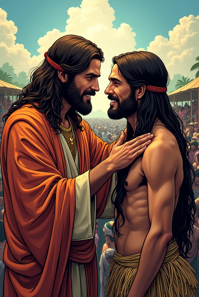 Jesus dressed in a holy tunic placing his hands over the eyes of an indigenous man with long straight hair, the indigenous man is dressed in straw and leaves, without upper clothing, around them there is a village with a lot of people, comic book style, the scene has vibrant and very striking colors. 
