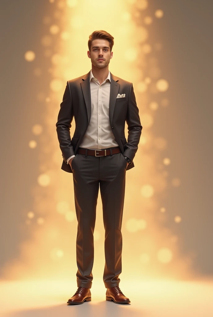 The young man standing confidently, dressed better in clean clothes, with a subtle aura of light around him, showing he now has a good job and is content."