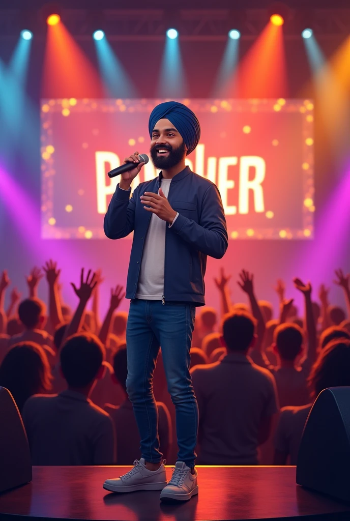 A 18 years sardar boy with round turban and good beard in stage
With croud with mic and the cute smile background text pandher