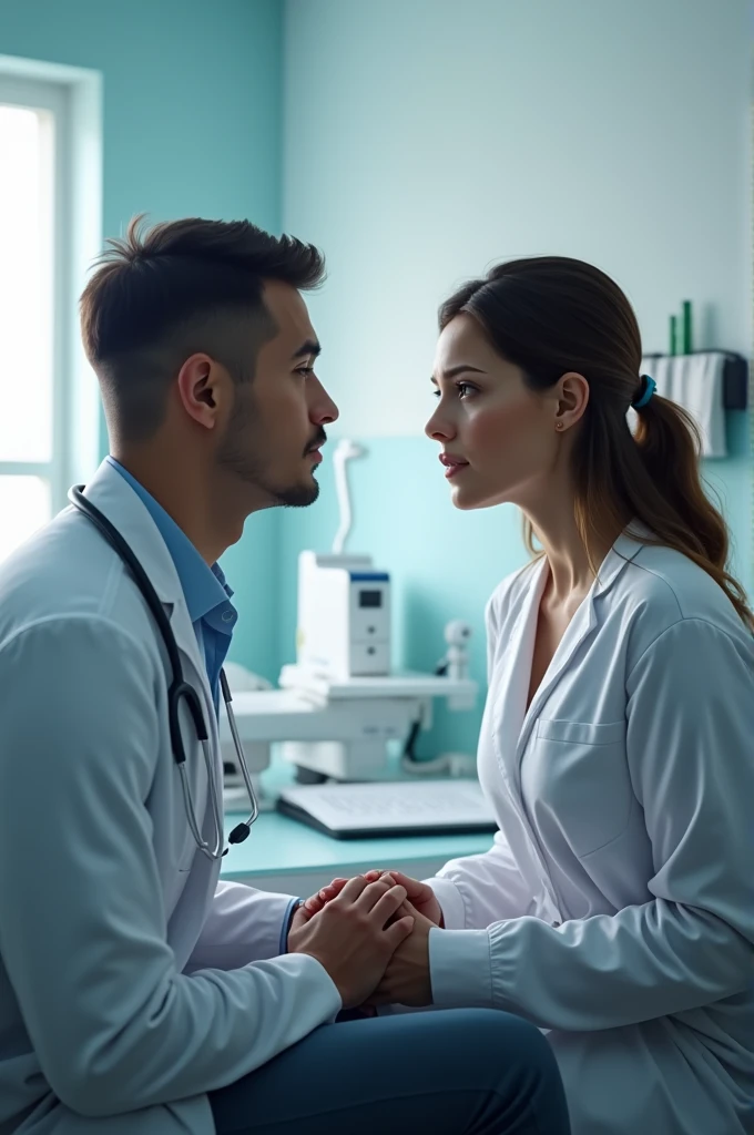 The doctor is sitting next to the patient