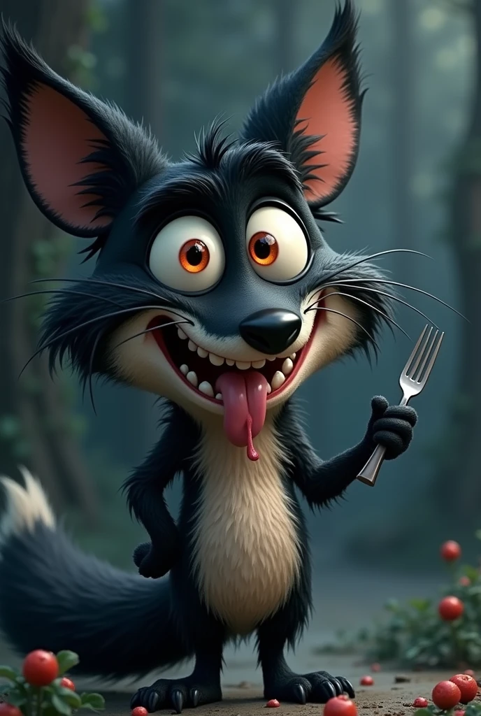 A whimsical, furry, cartoonish black fox with large, expressive orange eyes, long jaw, and exaggerated facial features stands with a mischievous, wide-eyed grin, holding a fork in one hand and a knife in other hand and matching the exact expression as the reference image:1.5. The fox's fur is dark black with tufts of fur adding texture and character. Its mouth is open wide with a comically large tongue with saliva sticking out, adding to its playful and mischievous appearance. The overall style is highly detailed with a touch of (hand-painted quality:1.4), focusing on exaggerated expressions:1.3, vibrant colors, and a humorous, light-hearted mood. The background is a softly blurred, dark-toned forest with hints of light filtering through the trees, adding to the magical and whimsical atmosphere, in the style of Ralph Steadman
