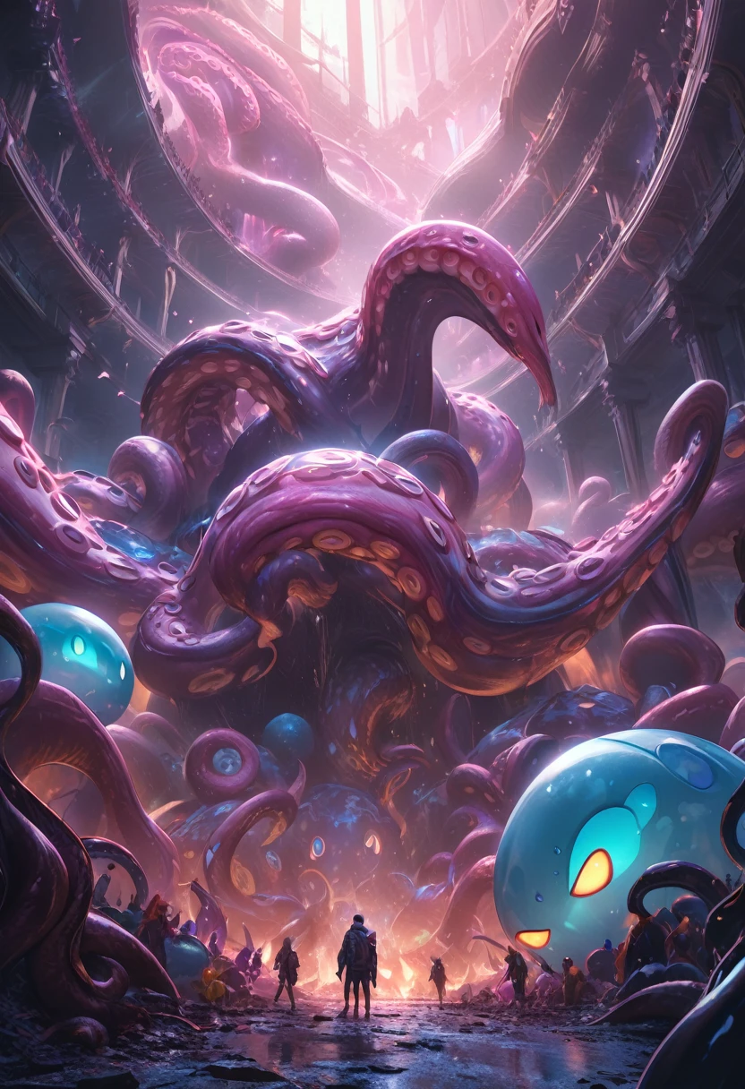 detailed alien invasion, earth invaded by alien creatures with tentacles, people's dopamine levels increased by 200% from alien slime, addicted humans become slaves to aliens, surreal dark fantasy, highly detailed, cinematic lighting, vibrant colors, dramatic atmosphere, 8K, masterpiece