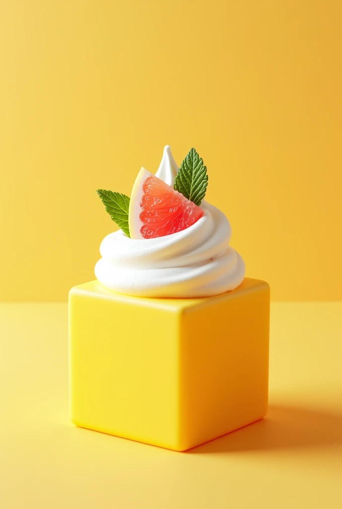 Yellow square shape with whipped cream decoration and grapefruit on top,The background color of the dessert with mint leaves is a refreshing color