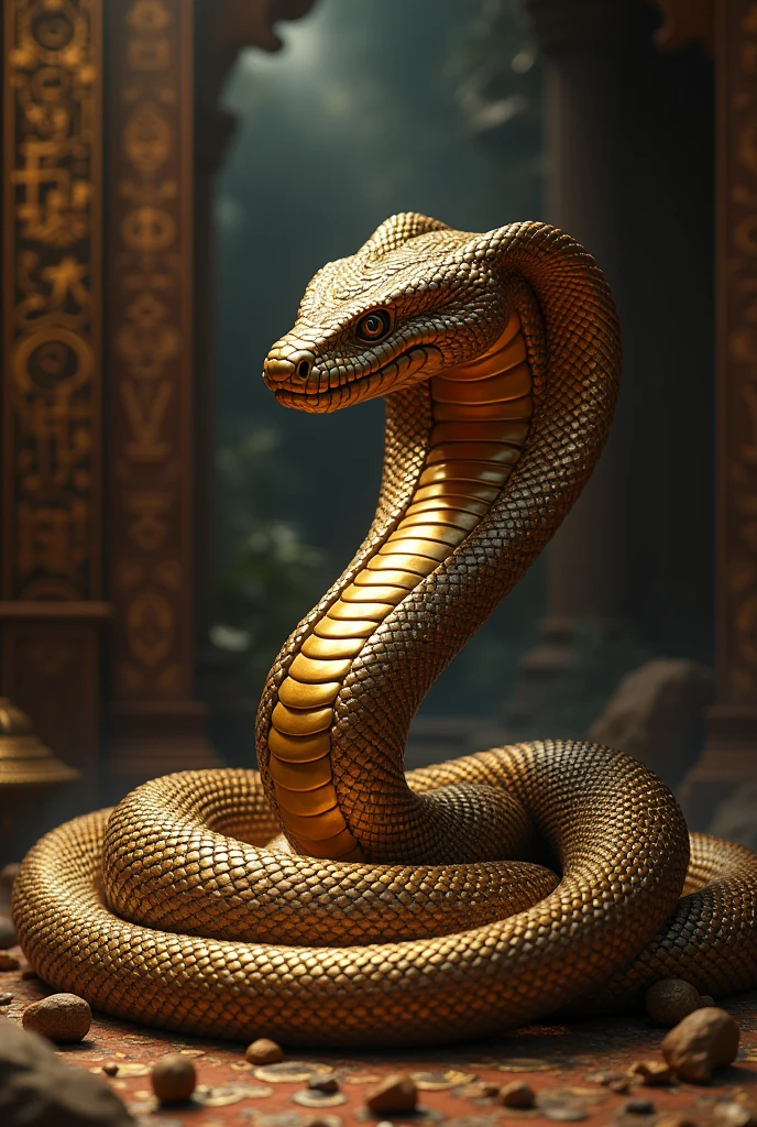 masterpiece、 Highest quality, Highly detailed、8k、 High resolution, Cobra guarding the treasure、