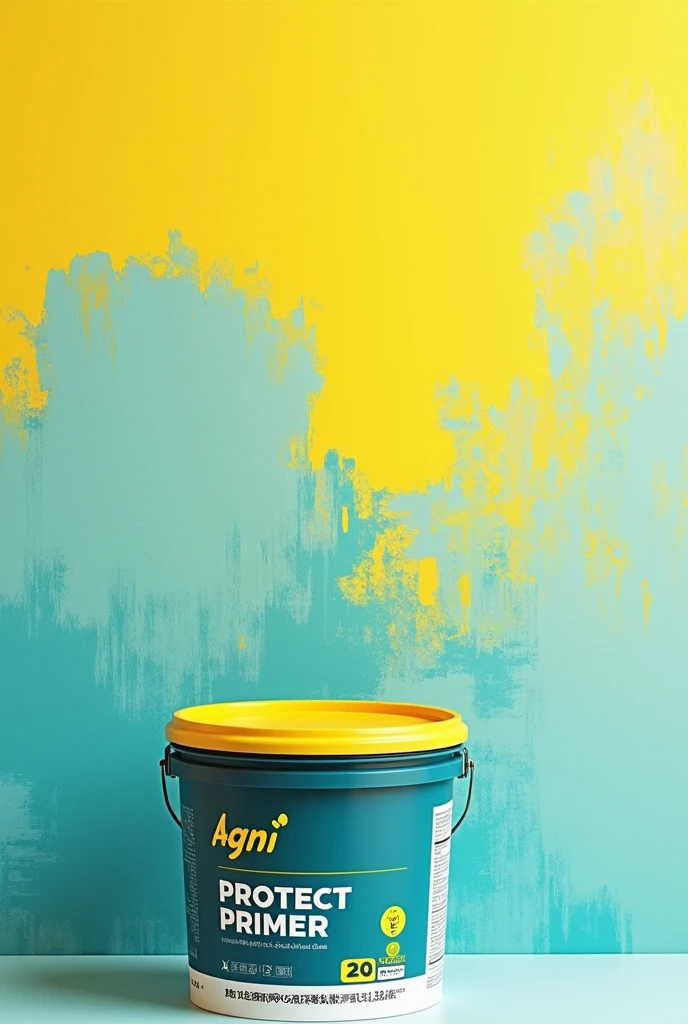 Genaret paint 20ltr bucket print style called Agni protect primer colour aquamarine and yellow combined and add direction of use and 20ltr. Packaging with company logo
