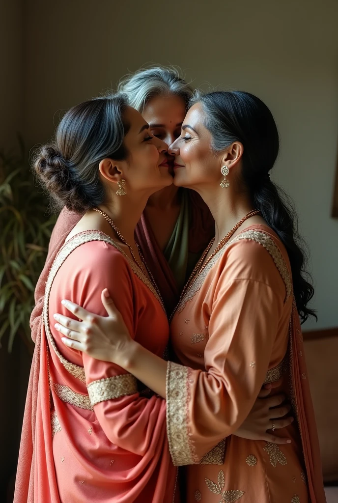 Mature women in silk salwar kameez hugging and kissing another girl from around the back realistically 