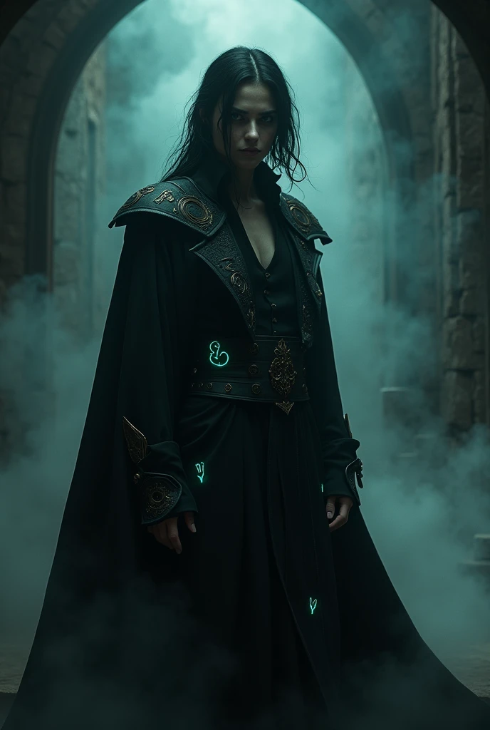 In the dimly lit chamber, a chic Cimmerian necromancer stands amidst swirling shadows, their attire a stylish mix of dark fabrics and intricate patterns. This captivating image is a haunting photograph that captures the necromancer's mysterious aura in soft focus. The detail in the image is stunning, from the subtle glow of magical runes etched on their robes to the piercing intensity of their gaze. The high-quality image expertly conveys a sense of otherworldly elegance and power, drawing viewers into the enigmatic world of the necromancer.