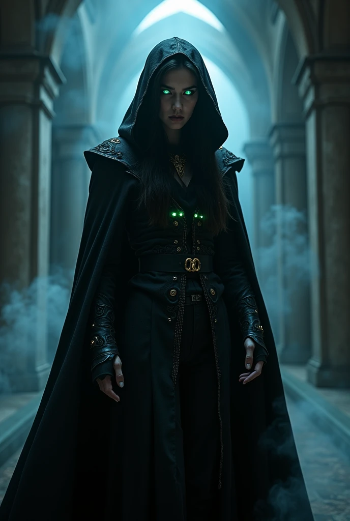In the dimly lit chamber, a chic Cimmerian necromancer stands amidst swirling shadows, their attire a stylish mix of dark fabrics and intricate patterns. This captivating image is a haunting photograph that captures the necromancer's mysterious aura in soft focus. The detail in the image is stunning, from the subtle glow of magical runes etched on their robes to the piercing intensity of their gaze. The high-quality image expertly conveys a sense of otherworldly elegance and power, drawing viewers into the enigmatic world of the necromancer.