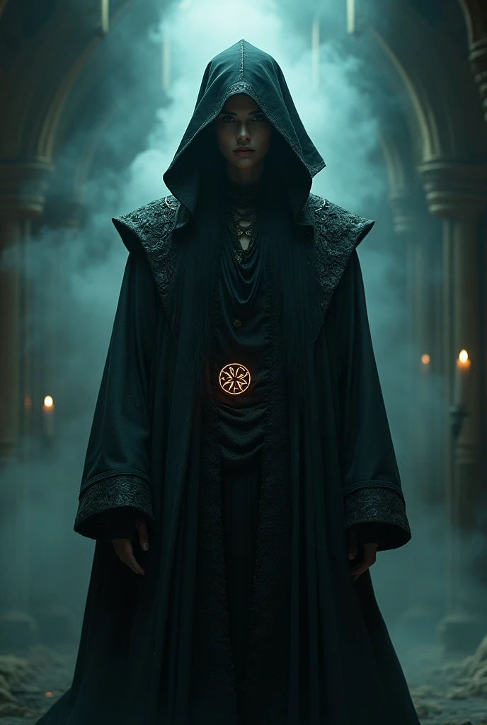 In the dimly lit chamber, a chic Cimmerian necromancer stands amidst swirling shadows, their attire a stylish mix of dark fabrics and intricate patterns. This captivating image is a haunting photograph that captures the necromancer's mysterious aura in soft focus. The detail in the image is stunning, from the subtle glow of magical runes etched on their robes to the piercing intensity of their gaze. The high-quality image expertly conveys a sense of otherworldly elegance and power, drawing viewers into the enigmatic world of the necromancer.