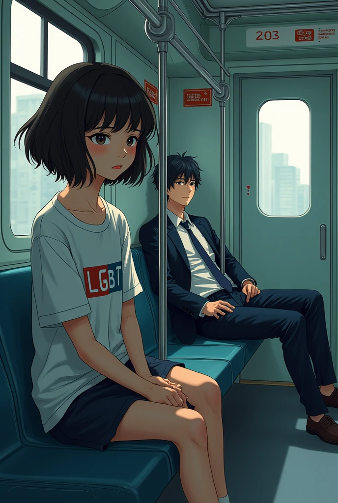 Anime Art, Sad 20 year old woman wearing LGBT shirt、Handsome muscular man in suit sitting splayed out on the subway