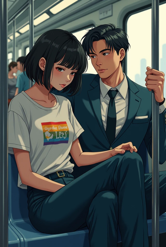 Anime Art, Sad 20 year old woman wearing LGBT shirt、Handsome muscular man in suit sitting splayed out on the subway