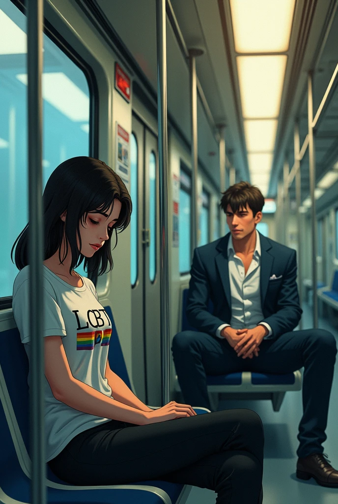Anime Art, Sad 20 year old woman wearing LGBT shirt、Handsome muscular man in suit sitting splayed out on the subway
