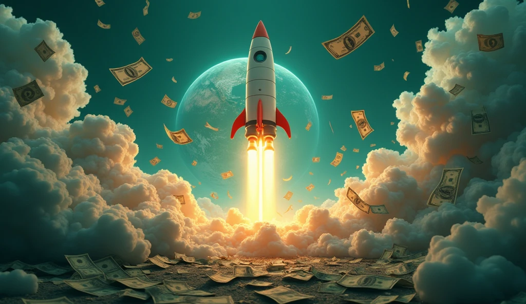 bcakground with a lot of dollars with a rocket flying out of the earth 