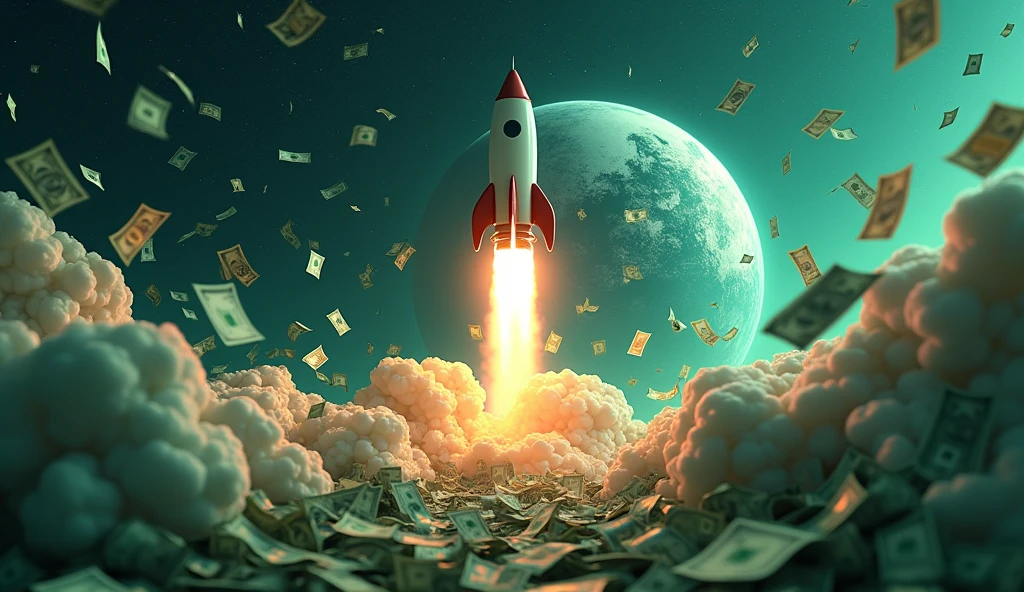 bcakground with a lot of dollars with a rocket flying out of the earth