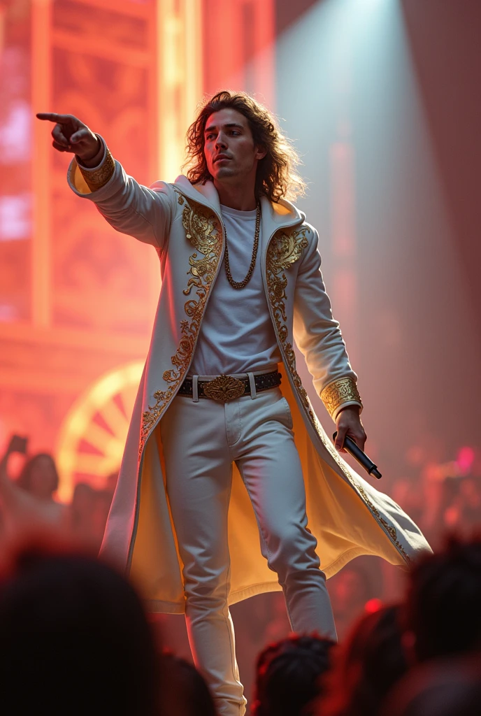 artwork best quality handsome american male teenager long brown hair light skin with white cape and hooded coat on head with gold details white long sleeve shirt and white pants underneath intricate details singing holding a microphone seen from afar pointing at the audience at a concert with details uhq 8k details
