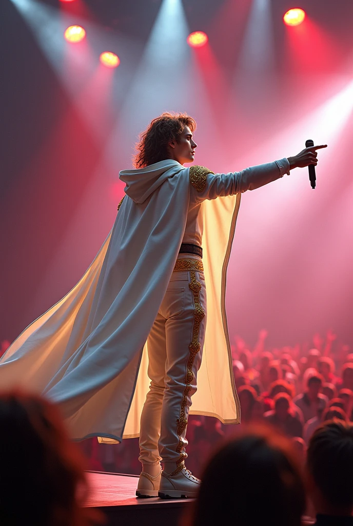 artwork best quality handsome american male teenager long brown hair light skin with white cape and hooded coat on head with gold details white long sleeve shirt and white pants underneath intricate details singing holding a microphone seen from afar pointing at the audience at a concert with details uhq 8k details